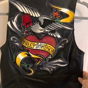 Harley Davidson Black Leather Biker Vest Biker Embroidered Size M